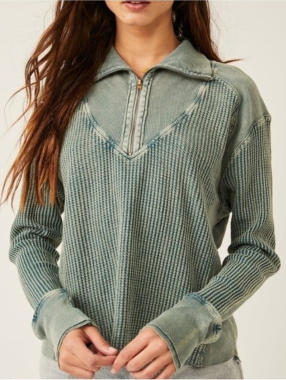 Free People FP One Shirt Pullover Womens Medium Ashton 1/4 Zip Teal Green